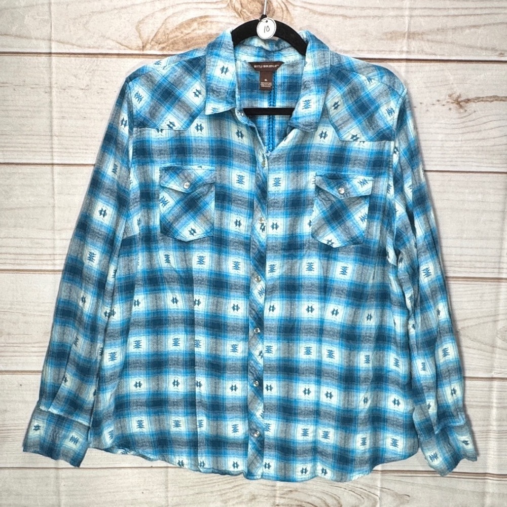Bit & Bridle Womens XL Blue Plaid Southwestern Embroidered Western Pearl‎ Snap
